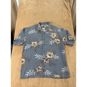 Aftco Bluewater Hawaiian Shirt mens Size XL Blue Floral Leaves Cotton Rayon EUC